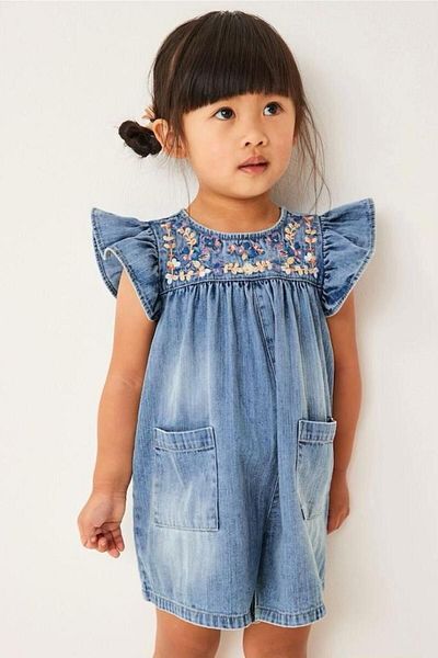 Pink Hippo Kids Girl's Ruffled Floral Embroidered Denim Shorts Jumpsuit