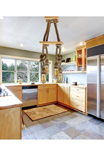 Genel Markalar Şık 4'lü Jut Halatlı Kare Ahşap Avize, sıcak ve doğal dekorasyon için ideal.