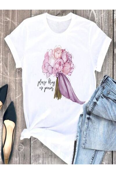 CLASSY.MODA تي شيرت نسائي من جيرسي واحد - تي شيرت أبيض مطبوع كبير الحجم بياقة...