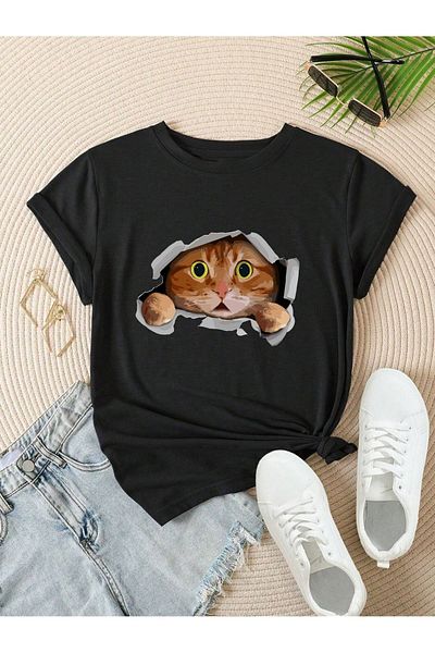 EFFRENATU Μπλουζάκι γάτας με στάμπα Hila Fashion Unisex - Μεγάλο μέγεθος