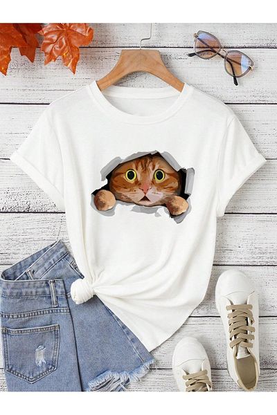 EFFRENATU Hila Moda Unisex Printed Cat T-Shirt - Large Size