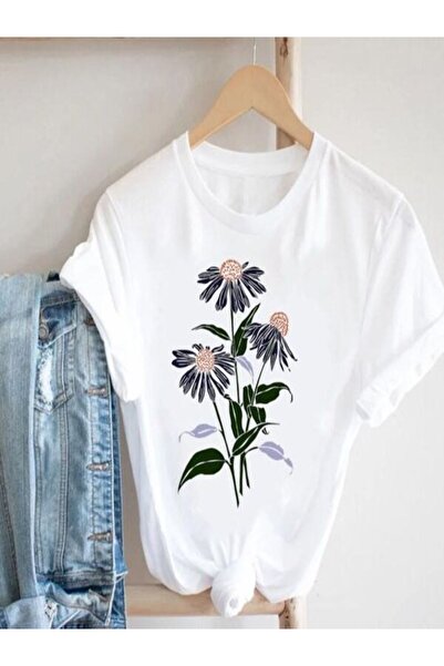 CLASSY.MODA Γυναικείο T-Shirt Single Jersey - Λευκό εμπριμέ μπλουζάκι με κοντό μανίκι με λαιμόκοψη