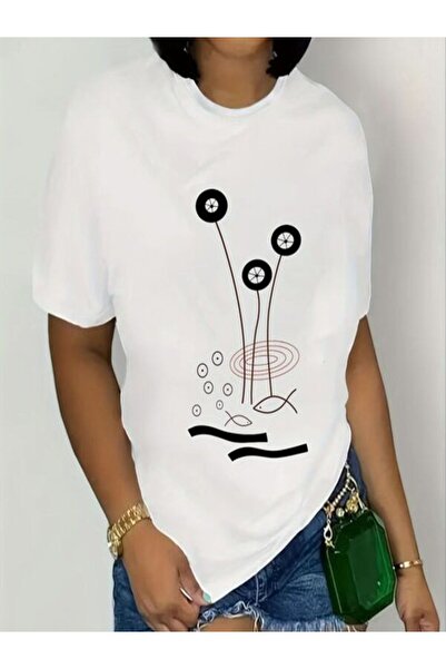 CLASSY.MODA تي شيرت نسائي من جيرسي واحد - تي شيرت أبيض مطبوع كبير الحجم بياقة...