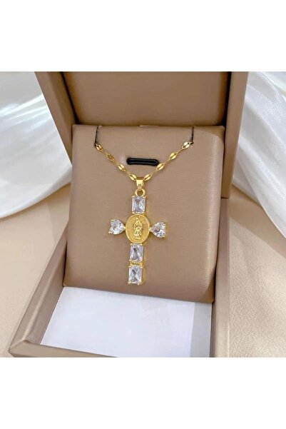 ESJ Paslanmaz Çelik Hristiyan Haç Hz Isa Mary Micropaved Unisex Kolye