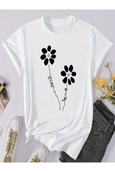 CLASSY.MODA تي شيرت نسائي من جيرسي واحد - تي شيرت أبيض مطبوع كبير الحجم بياقة...