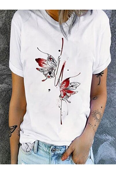 CLASSY.MODA Γυναικείο T-Shirt Single Jersey - Λευκό εμπριμέ μπλουζάκι με κοντό μανίκι με λαιμόκοψη