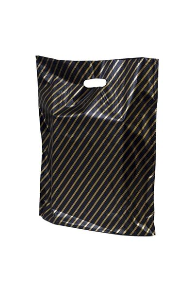 Kalbi Ticaret Mağaza Poşeti Çizgili Siyah Poşet (NO 4) 50'li Diagonal Takviyeli Poşet