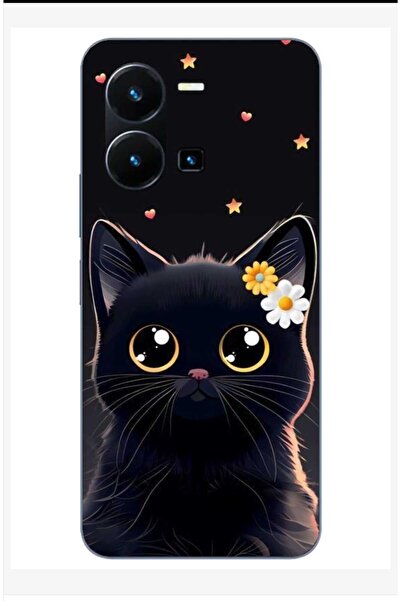 vivo Y22s Özel seri baskılı desenli papatyalı siyah kedi kılıf kapak Kedi
