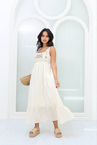 Lusin Γυναικείο μακρύ φόρεμα Stone Color - Μπροστινή επένδυση και κέντημα