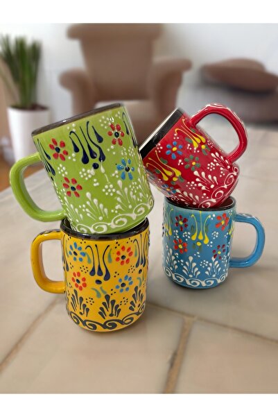 Artistic Quality 4 أكواب مطرزة بالبلاط المزخرف - كوب قهوة مزدوج، كوب عيران وم...
