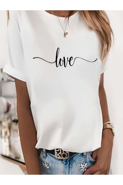 CLASSY.MODA Single Jersey T-Shirt Women - White Printed Oversize Crew Neck Short Sleeve T-Shirt