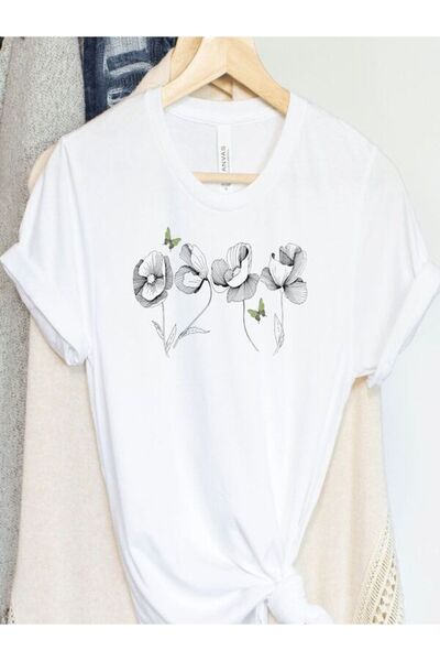 CLASSY.MODA Single Jersey T-Shirt Women - White Printed Oversize Crew Neck Short Sleeve T-Shirt