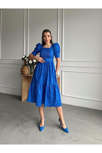 SEDA FİDAN Rochie cu buline cu maneca balon din poplin albastru