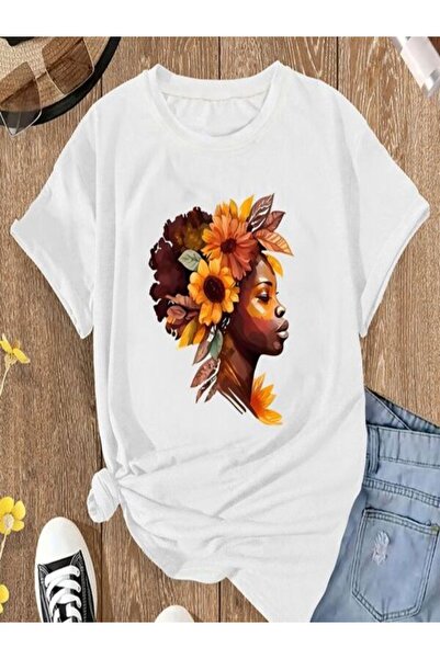 CLASSY.MODA تي شيرت نسائي من جيرسي واحد - تي شيرت أبيض مطبوع كبير الحجم بياقة...