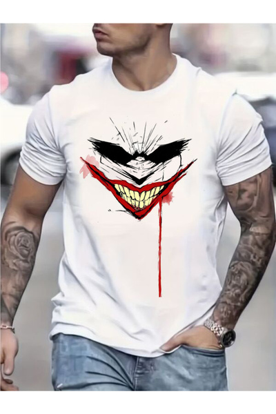 CLASSY.MODA تي شيرت جيرسي واحد للرجال - تي شيرت أبيض مطبوع كبير الحجم بياقة د...