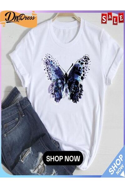 CLASSY.MODA Γυναικείο T-Shirt Single Jersey - Λευκό εμπριμέ μπλουζάκι με κοντ...