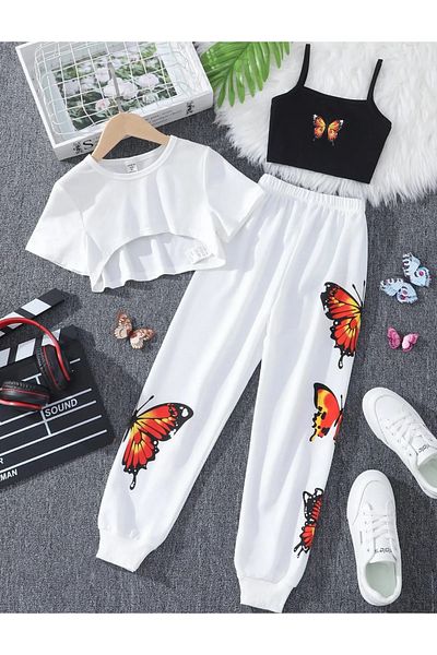 npLStore Set de trening pentru copii din 3 piese - model fluture, croială, bretele și pantaloni de trening