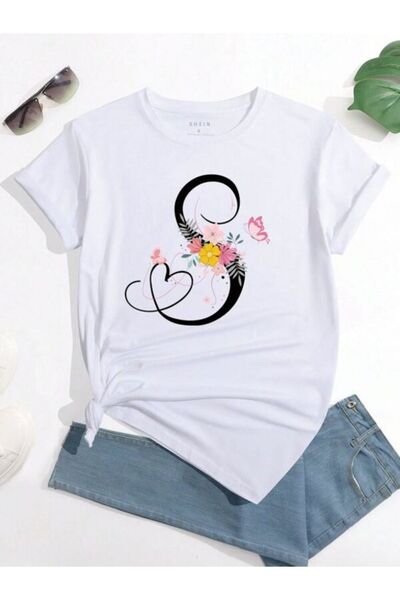 CLASSY.MODA Single Jersey T-Shirt Women - White Printed Oversize Crew Neck Short Sleeve T-Shirt