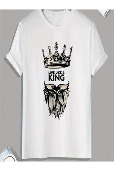 CLASSY.MODA تي شيرت جيرسي واحد للرجال - تي شيرت أبيض مطبوع كبير الحجم بياقة د...