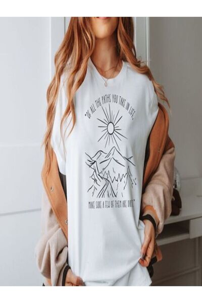 CLASSY.MODA تي شيرت نسائي من جيرسي واحد - تي شيرت أبيض مطبوع كبير الحجم بياقة...