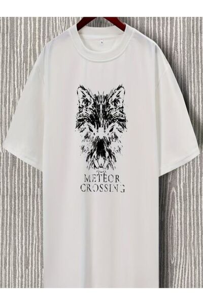 CLASSY.MODA تي شيرت جيرسي واحد للرجال - تي شيرت أبيض مطبوع كبير الحجم بياقة د...