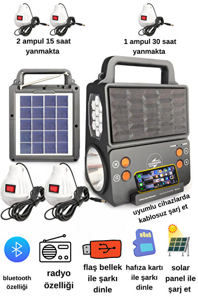 pasajdanal radyolu solar panelli Bluetoothlu 2 ampullü hafıza kart flaş belle...