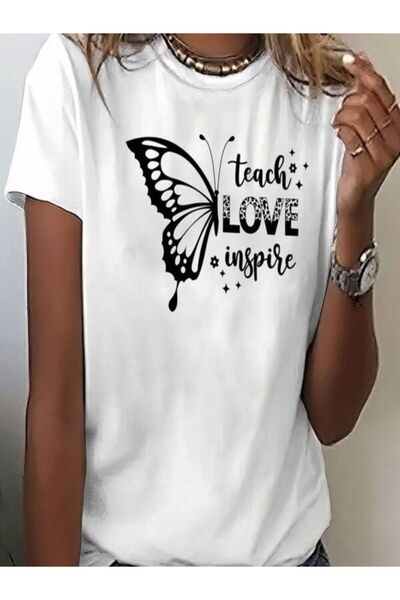 CLASSY.MODA Single Jersey T-Shirt Women - White Printed Oversize Crew Neck Short Sleeve T-Shirt