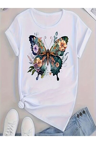 CLASSY.MODA Γυναικείο T-Shirt Single Jersey - Λευκό εμπριμέ μπλουζάκι με κοντό μανίκι με λαιμόκοψη