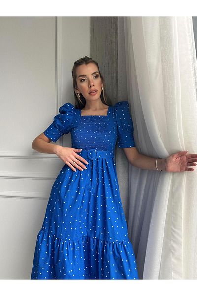 SEDA FİDAN Rochie cu buline cu maneca balon din poplin albastru