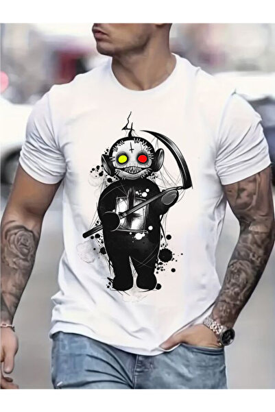 CLASSY.MODA تي شيرت جيرسي واحد للرجال - تي شيرت أبيض مطبوع كبير الحجم بياقة د...