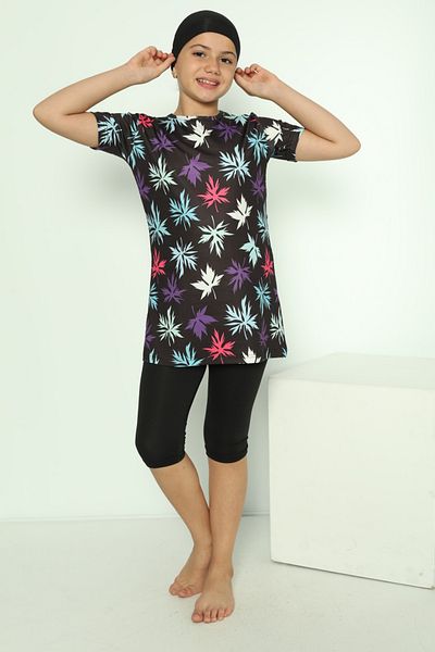 bigiyin Half Sleeve Black Digital Patterned Girl's Swimsuit