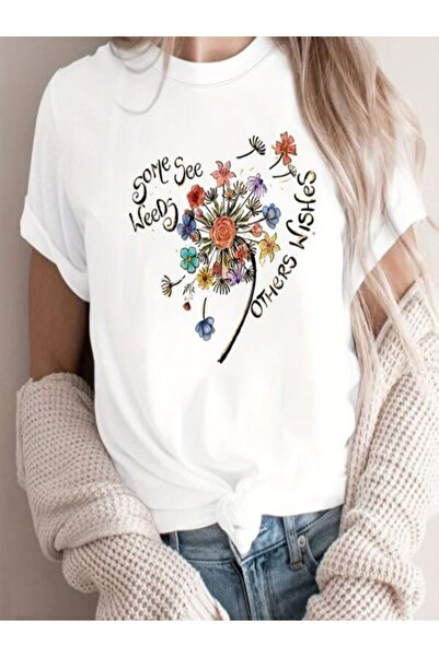 CLASSY.MODA Γυναικείο T-Shirt Single Jersey - Λευκό εμπριμέ μπλουζάκι με κοντό μανίκι με λαιμόκοψη