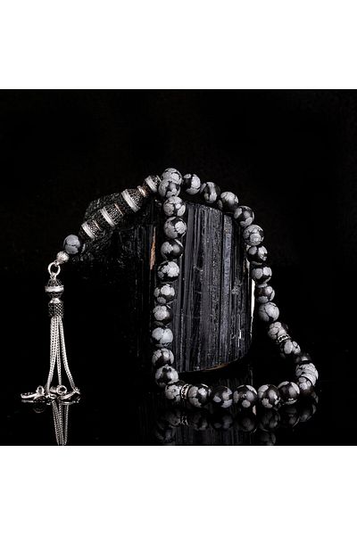 Tesbihsepetim Silver Tassel with Zircon Stone - Obsidian Stone Rosary