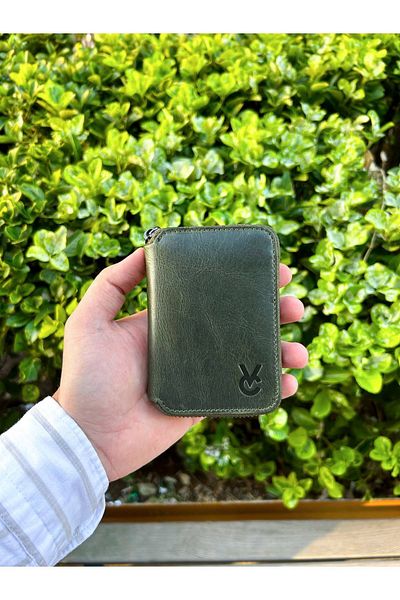 Convolantis Unisex Zippered Genuine Leather Wallet – Small Size Mini Leather Wallet – Women/Men - Green