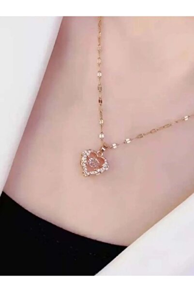 Shisa Jewel Titanyum kolye, Rose Gold renk kalp şeklinde kristal kolye ucu, antialerjik, rose altın rengi.(125)