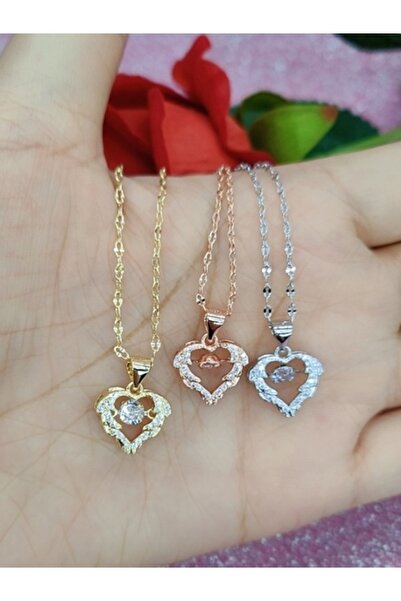 Shisa Jewel Titanyum kolye, Rose Gold renk kalp şeklinde kristal kolye ucu, antialerjik, rose altın rengi.(125)