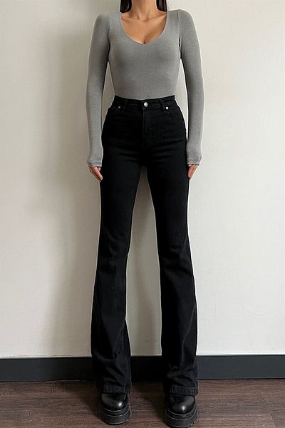 Livik High Waist Gold Icon Black Jeans - Flared Leg Jeans (Extra Comfortable)