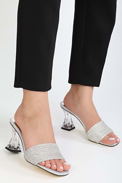 Shoeberry Dámské stříbrné pantofle na podpatku Wiz