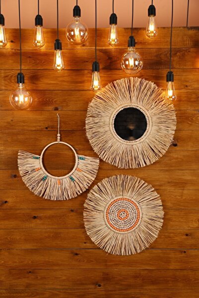 bh bohem handmade Bohem Handmade 3 Lü Dekoratif Boncuklu Rafya Ayna Yelpaze R...