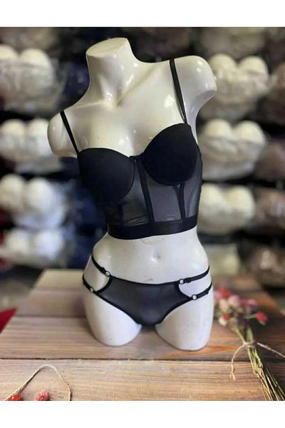 MODELLİFE Set bustieră și lenjerie căptușită cu detalii din tul - model corset cu sârmă