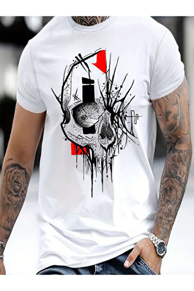 CLASSY.MODA Single Jersey T-Shirt Men - White Printed Oversize Crew Neck Short Sleeve T-Shirt