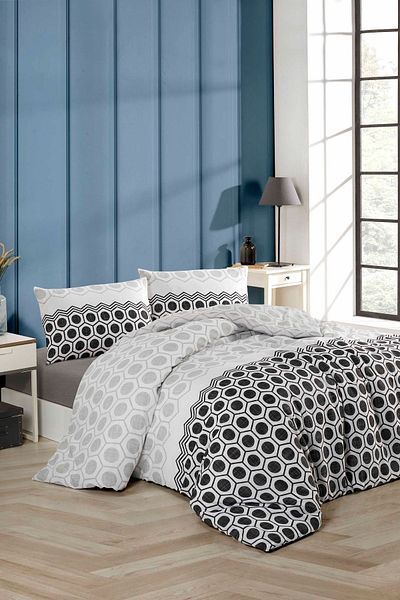 Tabu Home Geometric Sheet Elastic Anthracite Single Duvet Cover Set