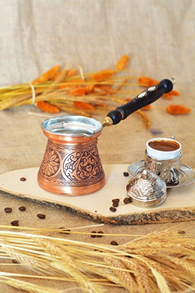Bakır Concept Bakır Cezve Sedef Kulplu Oyma Nakış Işleme Bakır Renk (5 KİŞİLİK)