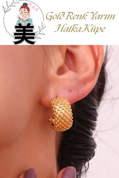 FORSEİ LUCA Gold Colored Double Earrings - Half Hoop Serrated Women's Earrings