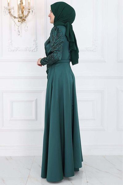 Ayşe Tesettür Real Satin Hijab Evening Dress - Digital Bsn Stone Prints Dress