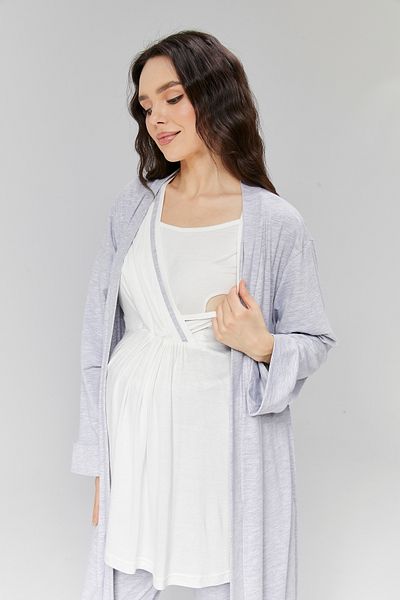 CT MODA Gray Cotton Summer Pajamas and Dressing Gown Set - 3-Piece Maternity Set