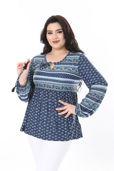 Şans Plus Size Blue Kiss Collar - Elastic Waist Detailed Blouse 65N38004