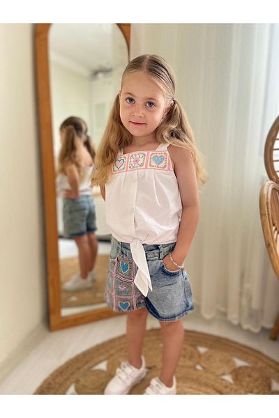 QLAZZA Girls Embroidered Denim Shorts and Blouse Double Set