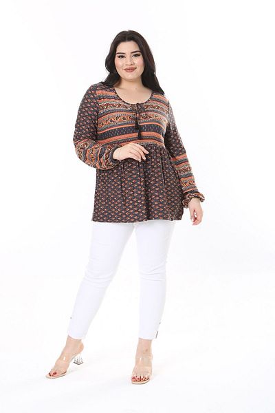 Şans Plus Size Καφέ Χρώμα Kiss Γιακάς και Ελαστική Μέση Λεπτομερής Μπλούζα - 65N38004