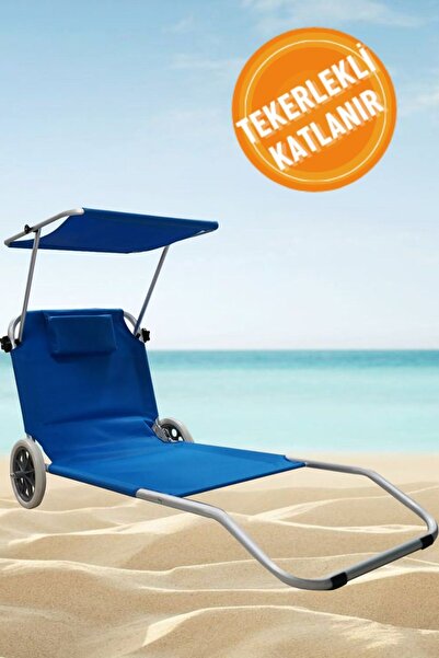 Express Reyon Gölgelikli Tekerlekli Kolay Katlanır Şezlong Bahçe Plaj Havuz Şezlongu 150x55x12 cm